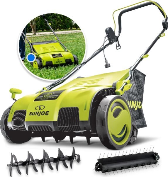 Sun Joe AJ805E 15″ Electric Dethatcher & Scarifier, 13-Amp, 5-Position Height, 13.2-Gal Bag, Airboost